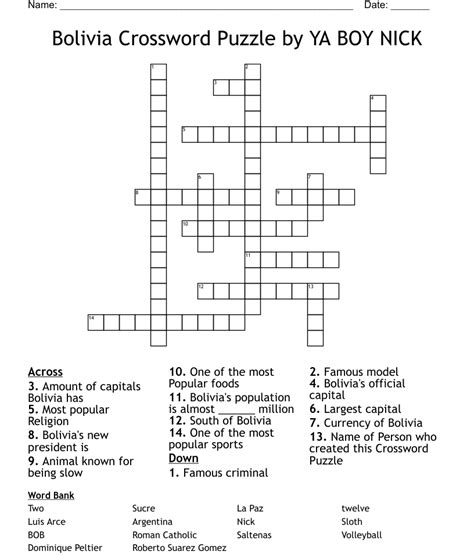 Recent usage in crossword puzzles WSJ Daily - Dec. . Bolivian city crossword puzzle clue